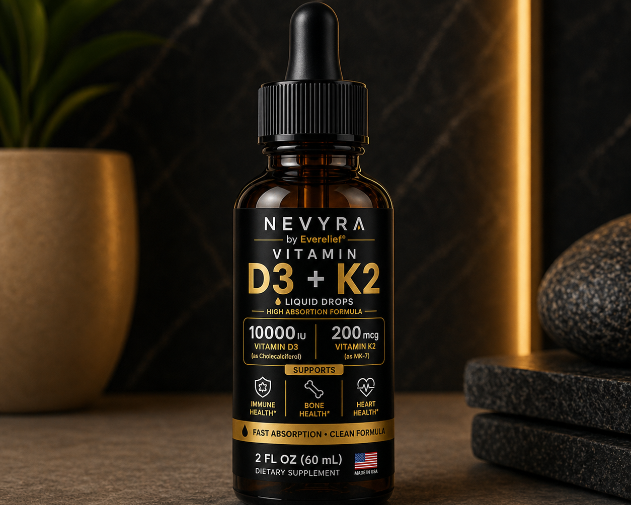 Nevyra Vitamin D3 + K2 liquid drop bottle on a dark surface with decorative elements.